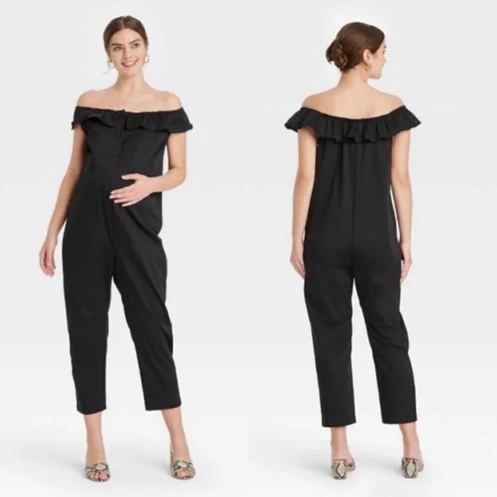 The Nines by Hatch Black Ruffle Neckline Collar Ankle Cropped Jumpsuit